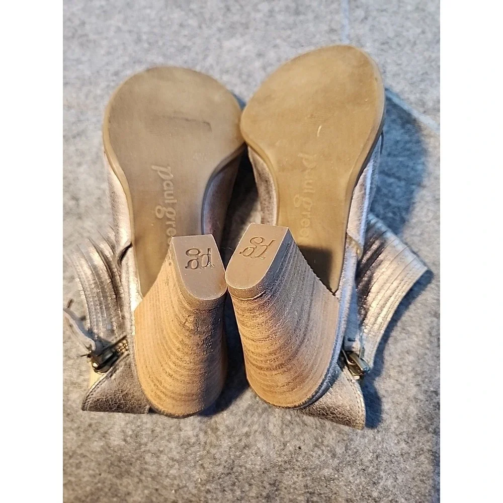 Paul Green Metallic Leather Pleated Peep Toe Booties Block Heel Size 7 US 4.5 UK